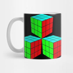 Three Rubik Cubes in a Triangle - Green, Light Blue and Red Mug